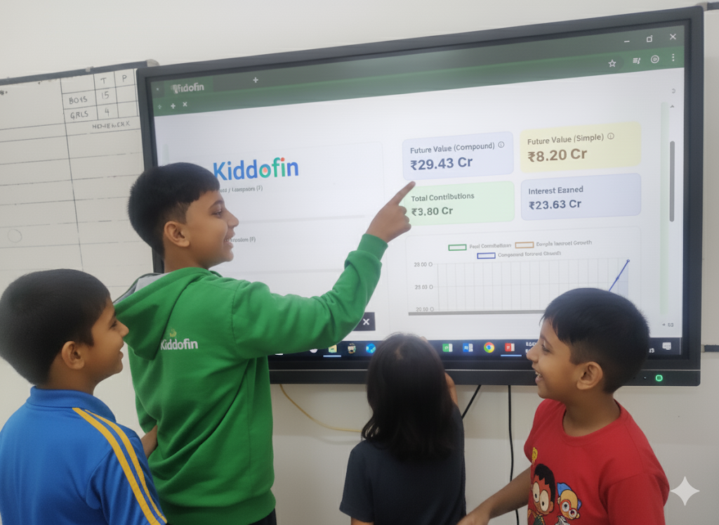 Children happily participating in a KiddoFin online class.